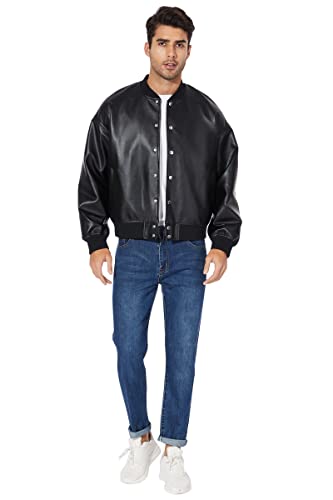Image of Fahsyee Leather Jackets for Men, Faux Bomber Jacket Mens Motorcycle Lapel Asymmetric Zip-Up Belt Slim Fit Biker Coat