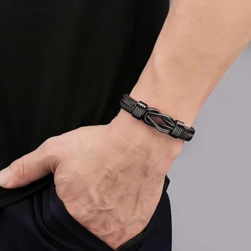 Image of THE MEN THING Leather Bracelet for Men - American Style Genuine Leather Multi-Layer Braided Bracelet with 100% Stainless Steel Magnetic Buckle for Men & Boys (8 inch)