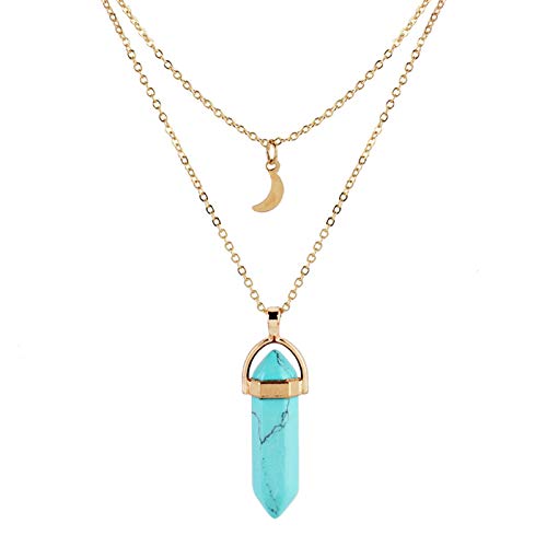 Layered Crescent Moon Necklace Crystal Stone Point Pendant Necklaces Bohemia Layered Choker Necklace Crescent Moon Gemstone Pendant Necklace for Women Girls - Sky Blue - Turquoise