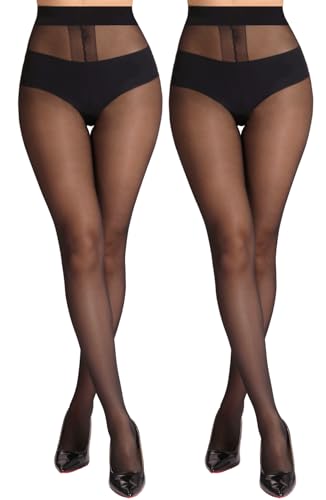 MERYLURE 20D Sheer Black Tights for Women, T-Crotch Ultra Thin Pantyhose High Waist Stockings Reinforced Toes 2 Pairs