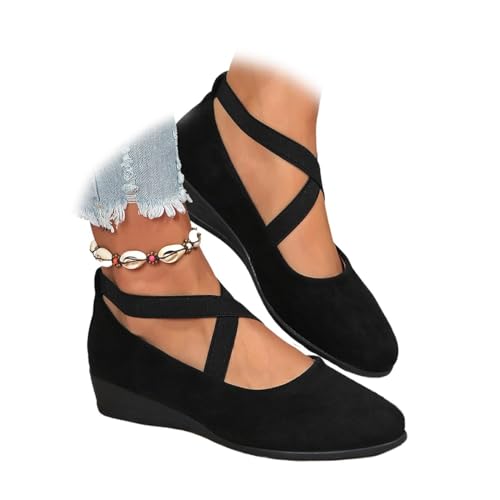 Black Loafers for Women,Crisscross Elastic Ankle Straps Wedge Shoes Comfortable Fashion Closed Toe Wedges Loafers Comfy Elastic Slip On Fashion Ankle Straps Elegant Dress Ballet Shoes