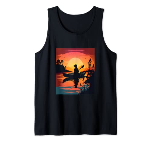 Paddling Girl Sunset Kayak Mujer Silueta Camiseta sin Mangas