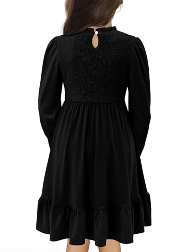 Yoklass Girls Smocked Dress Casual Puff Long Sleeve Ruffle Neck Dresses 4-13 Years4