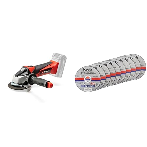Einhell Amoladora angular con batería TE-AG 18/115 Li-Solo Power X-Change (18 V, 115mm diámetro de disco, 28 mm profundidad de corte, arranquue suave, sin disco, sin batería) + discos de corte 115mm