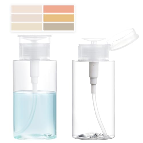 Paquete de 2 dispensadores de bomba de empuje, dispensador de botellas vacías con etiquetas DlY para esmalte de uñas, removedor de maquillaje, alcohol, tóner facial de 6.7 onzas/200 ml