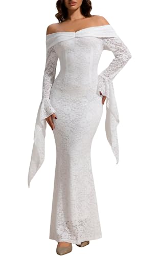 Image of Cercis Womens Off The Shoulder Floral Lace Maxi Wedding Dress Boho Flowy Wedding Guest Formal Long Dresses