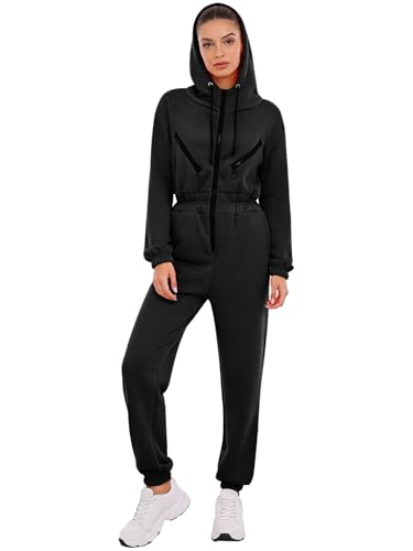 Agoky Jumpsuit met capuchon voor dames, met ritssluiting, zakken, fleece gevoerd, eendelig, sportbody, losse pasvorm, full-body pak, elastische taille, romper, fitness, gym, outfits, zwart, L