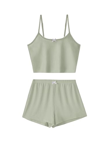 Image of Hilinker Womens Graphic 2 Piece Pajama Set Summer Cute Crop Cami and Shorts Ribbed Lounge Sets