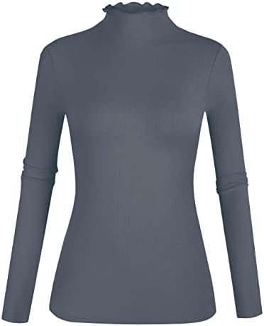 POPZONE Women's Lettuce Trim Mock Neck Long Sleeve Slim Fit Ribbed Knit Tee Shirt Tops