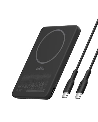 Belkin BoostCharge Batterie Externe Magnétique 5000mAh, Chargeur Portable Fin Avec Anneau Magnétique Et Port USB-C, Power Bank pour iPhone, Galaxy, Pixelsnap, iPad, Tablette, Câble USB-C Inclus, Noir