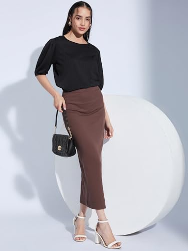 Image of Selvia Textured Lycra Plain Regular fit Round Neck Balloon Sleeve Stylish