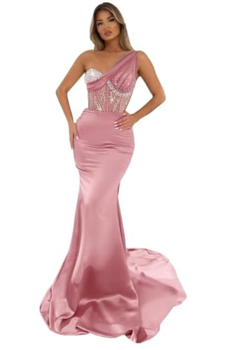 Sequin Beaded Mermaid Prom Dresses Long Sexy One Shoulder Satin Tulle Formal Evening Party Gowns with Train 20244