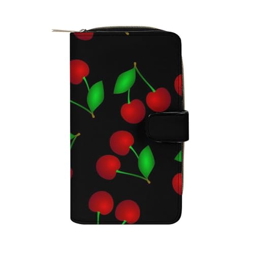 Black Wallets for Women, Print Cherry Seamless Pattern Womens Wallet with Multiple Card Slots and Cellphone Compartment-Mothers Day Gifts for Wife