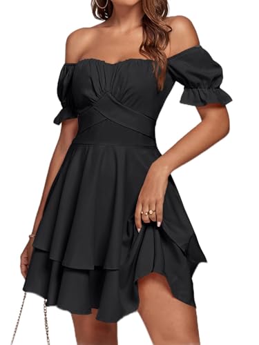 LYANER Women's Off Shoulder Tie Back Wrap Layer Ruffle Short