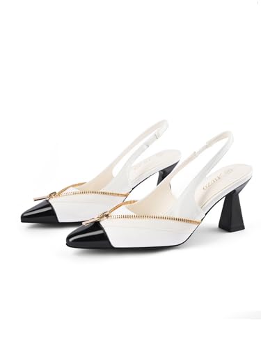 Women Slingback Kitten Heels Closed Pointed Toe Zipper Decor Slip On Pumps Dress Shoes2