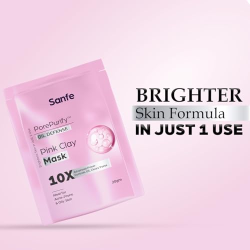 Image of Sanfe Pink Clay Mask for Face | Brightening Face Pack | Detox Clay Mask for Oily & Acne-Prone Skin | Controls Oil, Clears Blackheads & Tightens Open Pores | 10X Powerful Glow | 20 gm