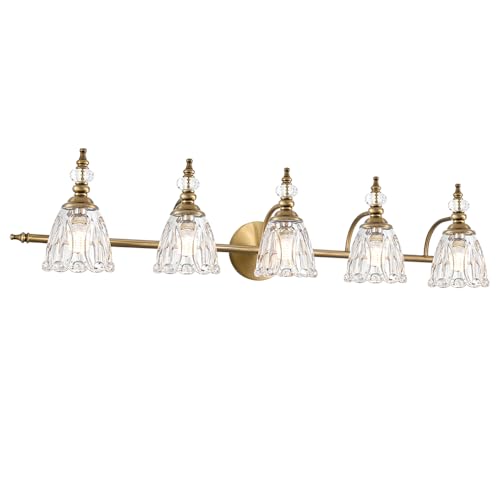Image of Brushed Antigue Brass Bathroom Light Fixtures, 5 Lights Vanity Light with Flower Glass Shade, Bathroom Vanity Light Over Mirror, Vintage Sconces Wall Lighting for Hallway Livingroom Bedroom