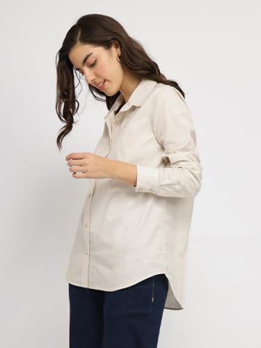 Image of FableStreet Women Shirt | Striped Long Sleeve Polo Collar Button Down | Breathable Linen Blend Fabric | Business Casual & Formal Wear