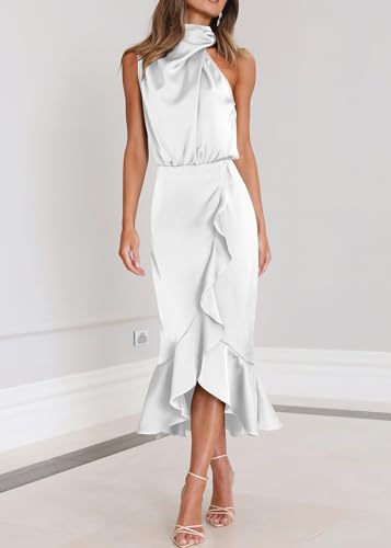 Image of KIRUNDO Women's Summer Satin Mock Neck Wedding Guest Dress