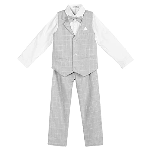 Lolanta Boys Formal Suits Kids 4Pcs Tuxedos Outfits Long Sleeve Shirts, Vest, Pants, Bow Tie(Gray, With Shirt, 5-6 Years) #TOP1