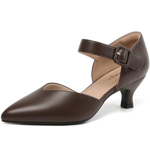 Image of RIBONGZ Comfortable Kitten Heels for Women Pointed Closed Toe Ankle Strap Buckle Heels Slip on Low Heel Church Pumps Wedding Bridal Party Dressy Shoes