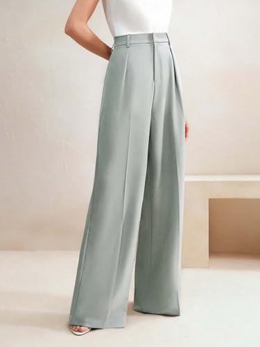 Image of KOTTY Women's High Waist Wide Leg Trousers | Solid Relaxed Fit Pants for Office, Casual Soft Flowing Polyester Blend Pants for Women