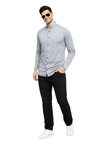 Image of Blisstone Men's Band Collar Shirt - Full Sleeve Slim Fit Casual Cotton Blend Mandarin Collar Button Down Shirt