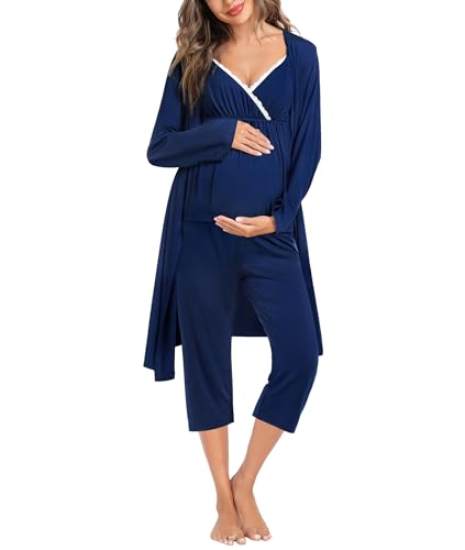 Image of SWOMOG Maternity Nursing Robe Set 3 PCS Breastfeeding Pajamas Set 3 in 1 Labor Delivery Pregnancy Pjs Capri Pants