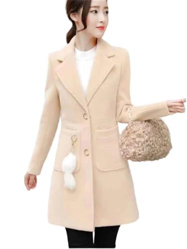 Abrigo de lana de color sólido con cuello en V para mujer, largo medio, delgado, delgado, Crema-Blanco, M
