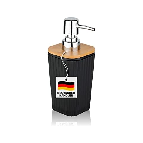 LEVANDI Seifenspender schwarz matt mit Bambusdeckel - Designer Pumpspender mit edler schwarzer Riffeloptik aus Kunststoff und Bambus Cover