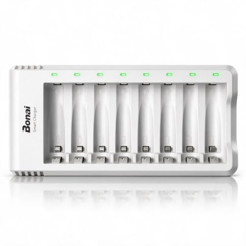 BONAI Cargador de Pilas Recargables AA AAA Inteligente Ni-MH Pilas Recargables Carga Rápida con 8 Ranuras Independientes, Puerto USB