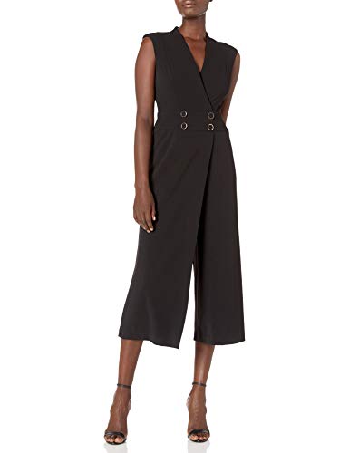 Calvin Klein Women's Sleeveless V-Neck Jumpsuit with Front Overlay, Black, 8