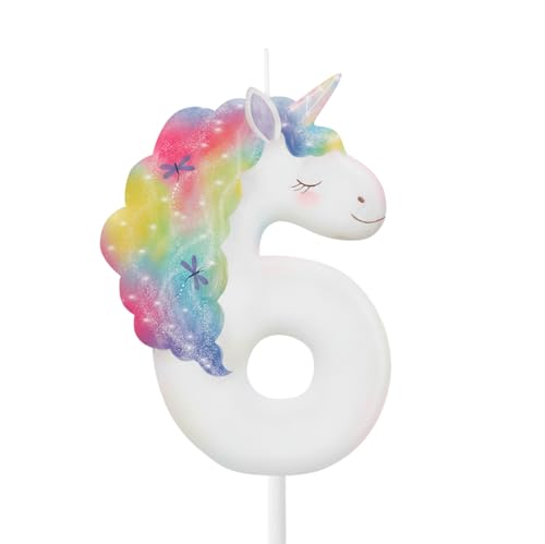 OH YEAH - Vela Número 6 Unicornio para Tartas - 6 cm - Vela Cumpleaños Infantil - Blanca con Melena y Cuerno Multicolor - Decoración Fiesta Unicornio