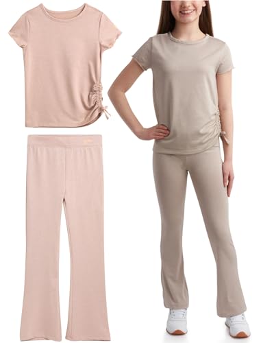 Reebok Girls Flare Leggings Set - 2 Piece Performance Cinched Hem T-Shirt and Wide Leg Yoga Pants - Girls Summer Outfit, 7-12