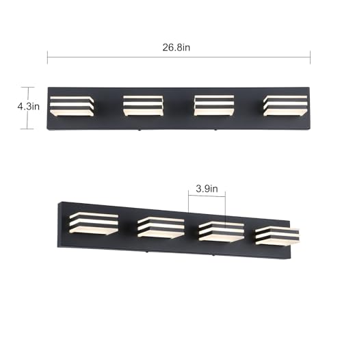 Image of 4-Light LED Black Vanity Lights for Bathroom Light Fixtures Adjust 3 Colors Modern Bath Lighing Over Mirror LED Vanity Light 27inch Acrylic Heads