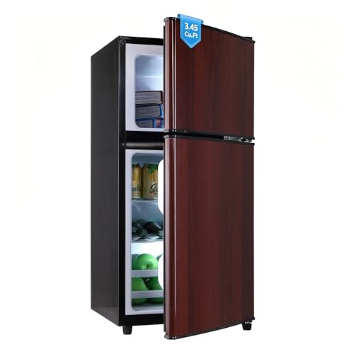 Image of Dorm Fridge with Freezer, Small Refrigerator 3.45 Cu. Ft. with Freezer for Apartment, 7-Level Temperature Adjustable Apartment Size Fridge for Kichen, College, Office, Wood