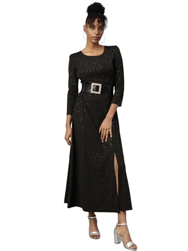 Image of SHOWOFFFF Women Solid A-Line Party Dress | Round Neck 3 /4th Sleeves Nylon Dress for Womens | Maxi Dress for Women's