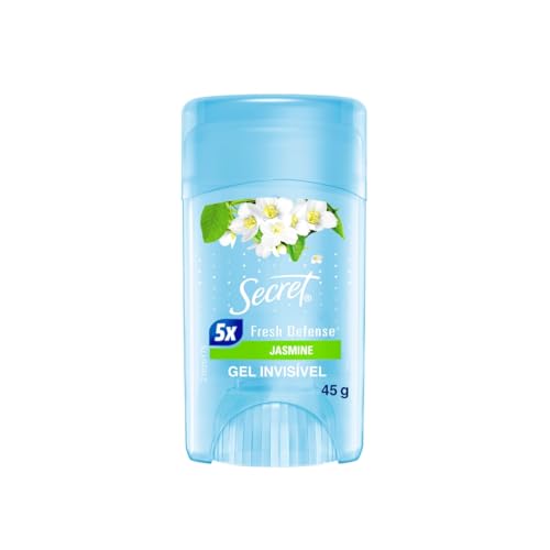 Embalagem do desodorante antitranspirante Secret em gel, fragrância Jasmine, com tampa azul claro e ilustração de flores de jasmim, contendo 45g.