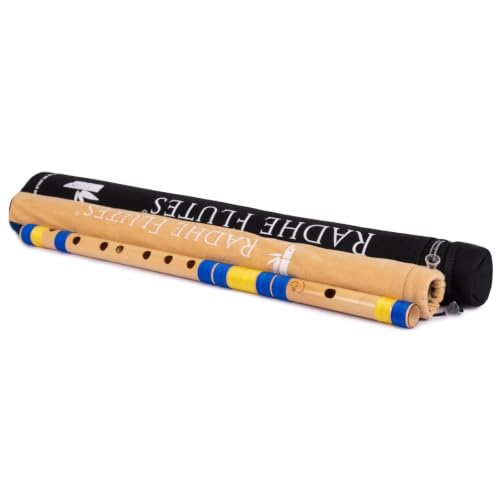 Image of Radhe Flutes Bamboo Bansuri C Sharp Right Handed Middle Octave (18 inch) With Hard Cover (Beige Flute With Blue & Yellow Threads)