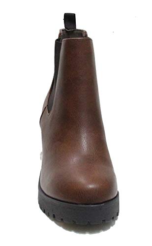 Soda Jaber Ankle Boot W/Lug Sole Elastic Gore and Chunky Heel,Brown Pu,112