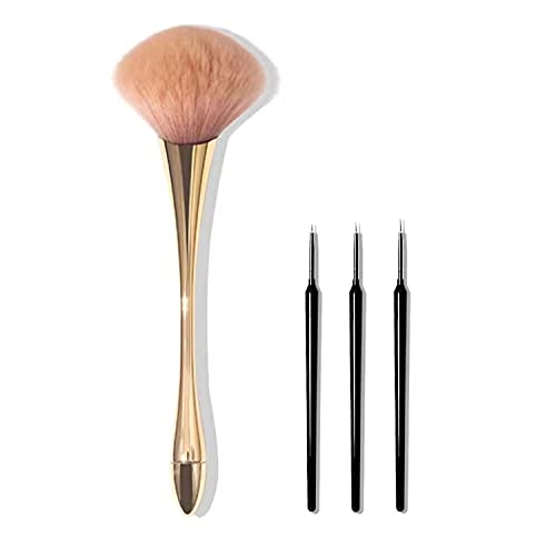 Acrylic Nail Brush Set, Practical Kit for Nail Art, Long Handle Nail Dust Brush + 3PCS Nail Art Liner Brush, Gold