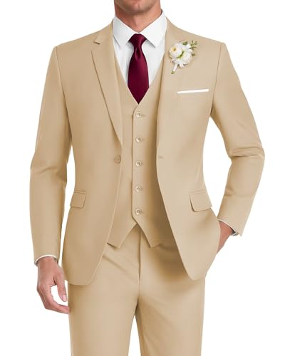 HUUTOE Mens 3 Piece Suit Slim fit Wedding Graduation Homecoming Business Tuxedo for Men, Champagne, Size Large