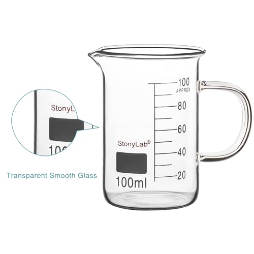 Image of stonylab Glass Beaker with Handle, Borosilicate Glass Graduated Low Form Griffin Beaker with Handle and Pouring Spout, 100 ml