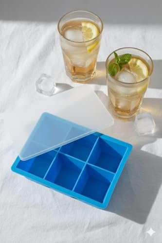 Image of Ice Cube Molds with Lid,Big Silicone Ice Cube Tray for Whiskey,2Inch Square Ice Cube Tray,Easy-Release Ice Mold,Giant Ice Cubes for Bourbon Cocktail (1, Blue)