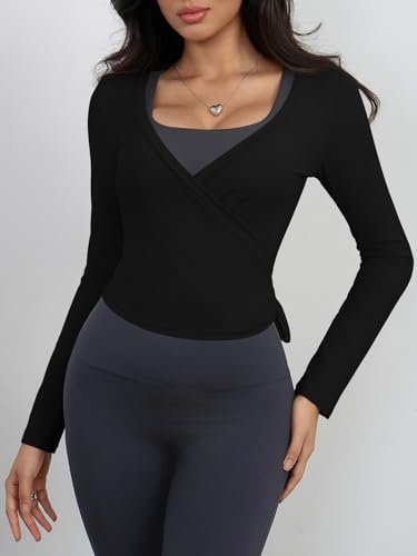 Yousify Womens Wrap Tie Tops Y2k Long Sleeve Ballet Pilates Yoga Workout Wrap Shirts Deep V Neck Casual Tops Black
