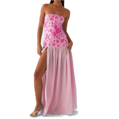 Image of Women Floral Strapless Maxi Dress Y2K Bodycon Tube Long Dresses Sexy Party Formal Cocktail Beach Slit Dress