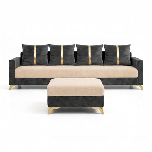 Image of Caviar 5 Seater L Shape Sofa Set with Movable Ottoman | Flexible Layout | Luxury Velvet Suede Fabric | Modern Living Room Sofa | Dark Grey-Cream