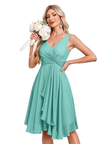 Image of Women's V Neck Short Bridesmaid Dresses 2025 Ruched Waist A Line Chiffon Formal Cocktail Party Dress