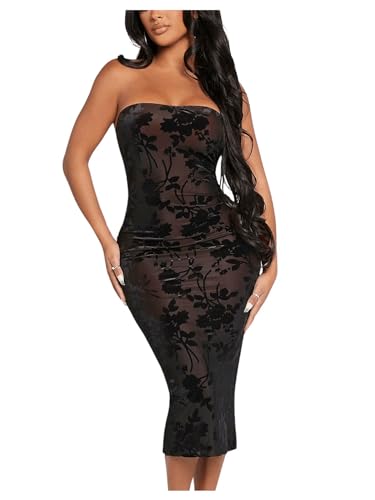 Image of SweatyRocks Women's Floral Print Tube Bodycon Dress Elegant Strapless Split Hem Midi Dress