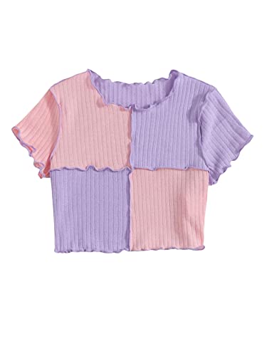 Image of Milumia Girl's Rib Knit Color Block Crop Tee Short Sleeve Lettuce Trim Crewneck Tshirt